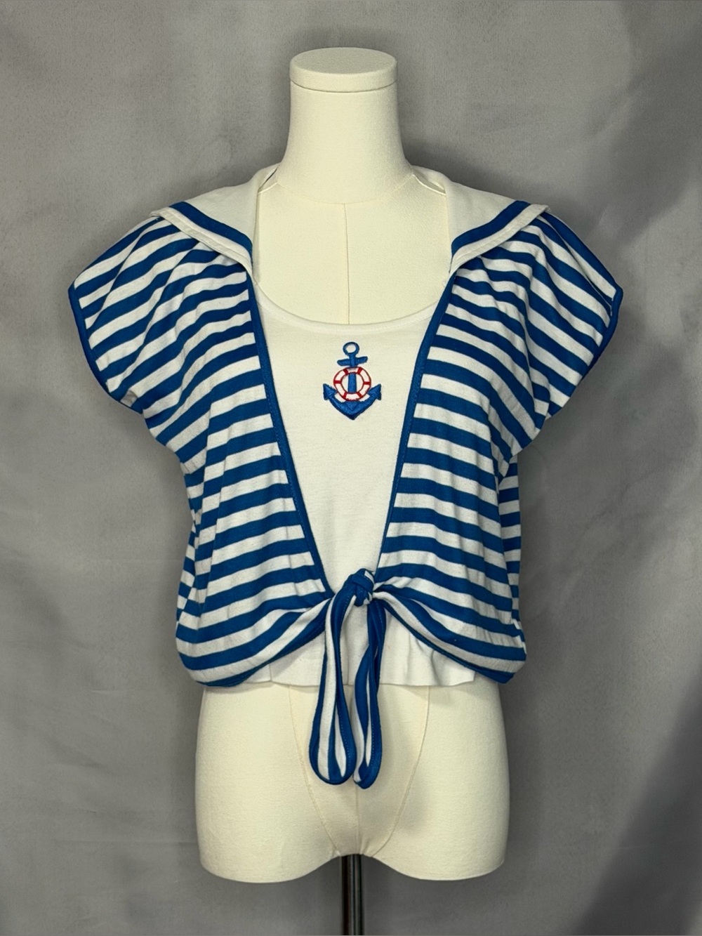 Drop Anchor Striped Sailor Nautical Crop Top 80s Vintagr